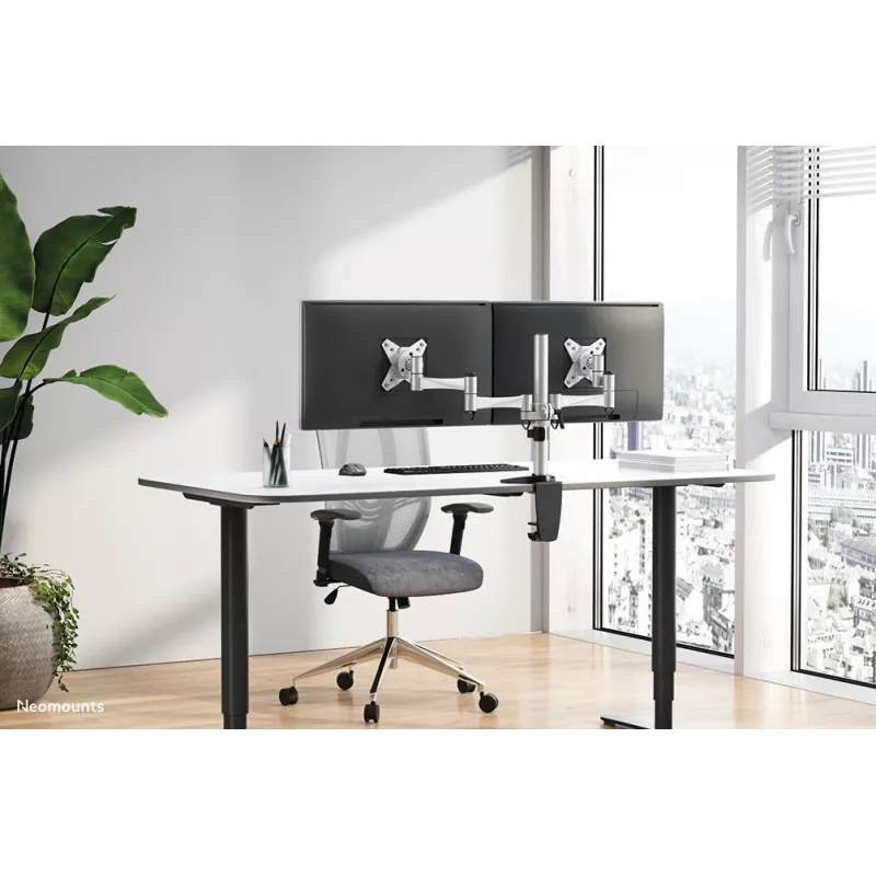 Neomounts FPMA-D1330DSILVER full-motion desk mount for 2 monitors, 10-27 inch (25.4-69 cm), clamp/grommet, max 18 kg, Silver