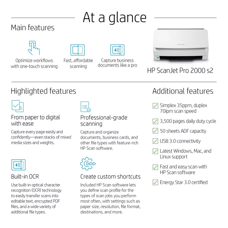 HP Scanjet Pro 2000 s2 Sheet-feed Scanner Sheet-fed scanner 600 x 600 DPI A4 Black, White