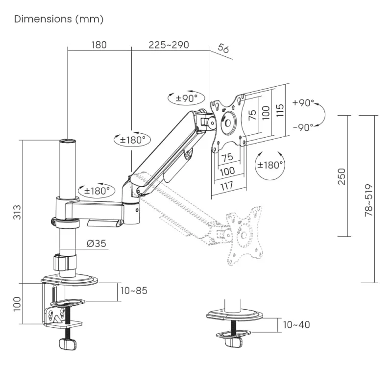 GEMBIRD Adjustable Desk Display Mounting Arm, 17-32 in Black