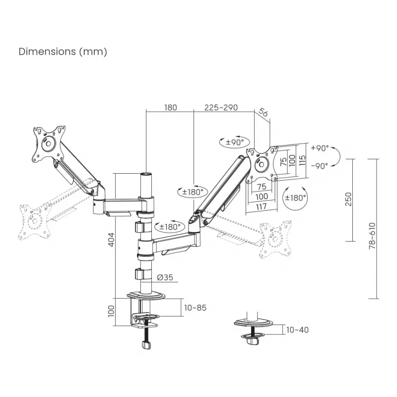 Monitor desk mount Gembird MA-DA2P-02 for 2 displays, up to 81.3 cm (32 inch), VESA 75x75–100x100, max weight 9 kg each, clamp/grommet, black