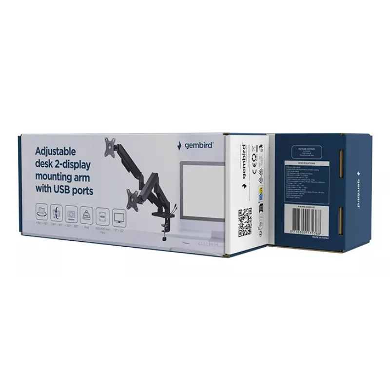 GEMBIRD Adjustable Desk 2-Display Mounting Arm with USB Ports, 17-32 in