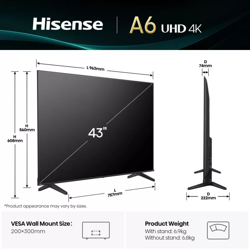 TV Hisense 43A6Q 43 inch 4K Ultra HD LED Smart TV, VIDAA, HDR10+, Direct-LED, 3×HDMI, Wi‑Fi, Bluetooth