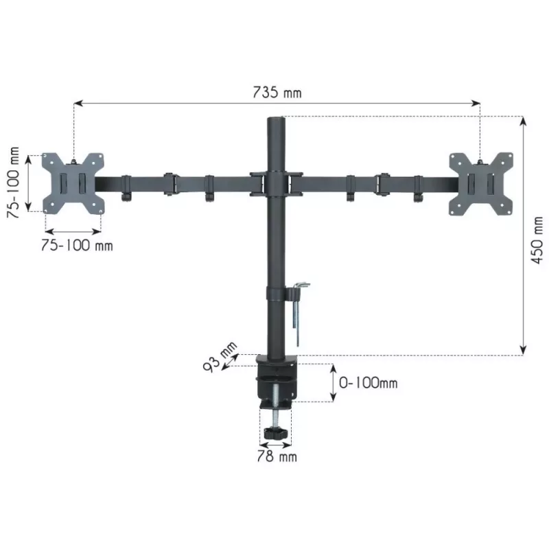 Monitor mount TECHLY ICA-LCD-382-D for 2 displays, desk clamp, up to 27 inch, 20 kg, VESA 75x75–100x100, black