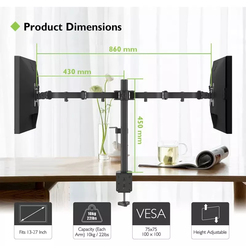 Monitor mount TECHLY ICA-LCD-382-D for 2 displays, desk clamp, up to 27 inch, 20 kg, VESA 75x75–100x100, black