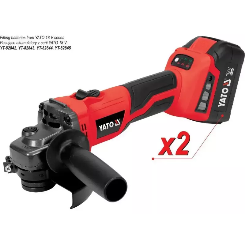 Angle grinder YATO YT-828295, cordless 18 V, brushless, 125 mm disc, 2x 4 Ah Li-Ion batteries, 1.26 kg