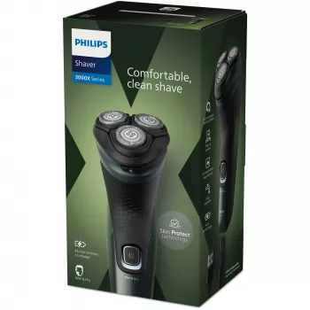 Electric shaver Philips 3000X Series X3052/00 — rotary 3-head, Wet & Dry, NiMH battery, 45 min runtime, trimmer, black/green