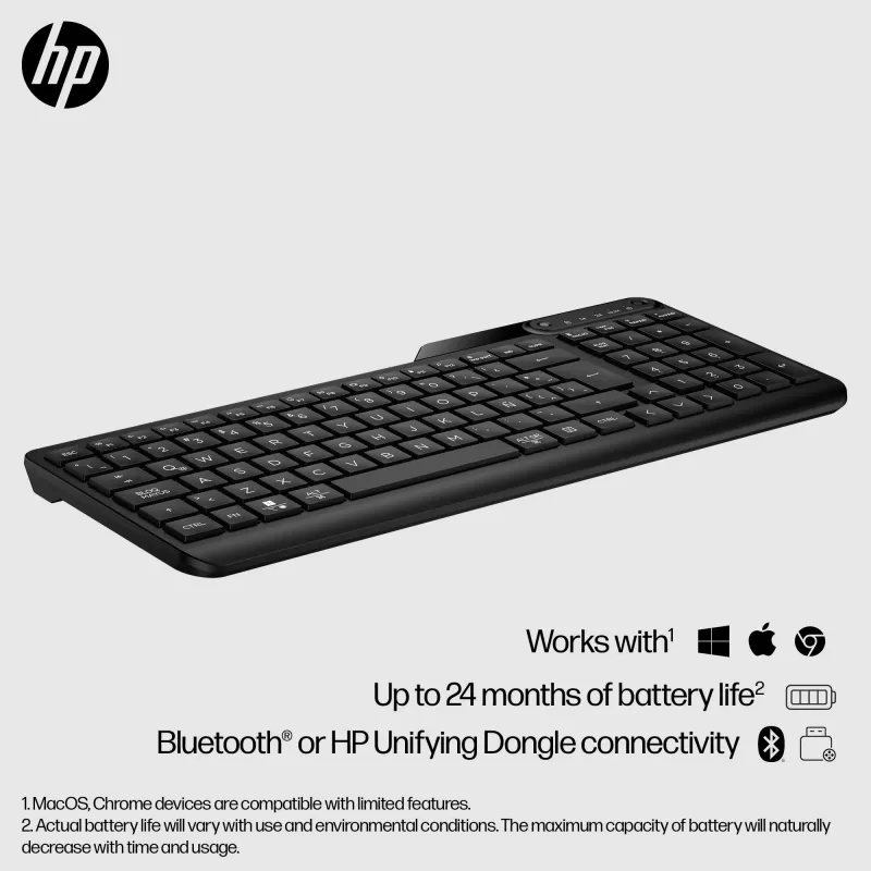 Wireless keyboard HP 475 Dual-Mode — full-size QWERTY, RF + Bluetooth 5.3, numeric keypad, black, 376×153×19 mm