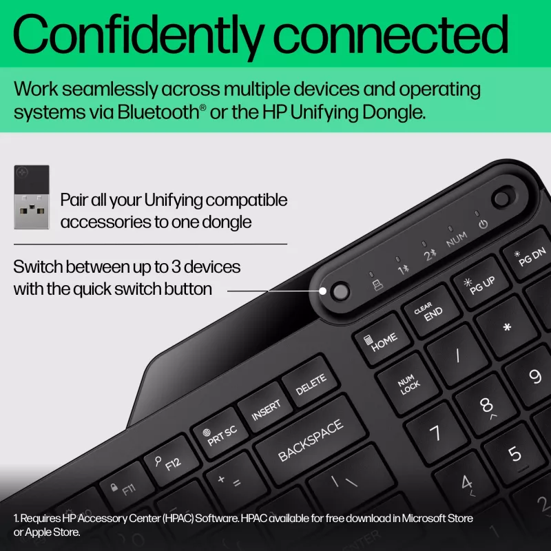 Wireless keyboard HP 475 Dual-Mode — full-size QWERTY, RF + Bluetooth 5.3, numeric keypad, black, 376×153×19 mm