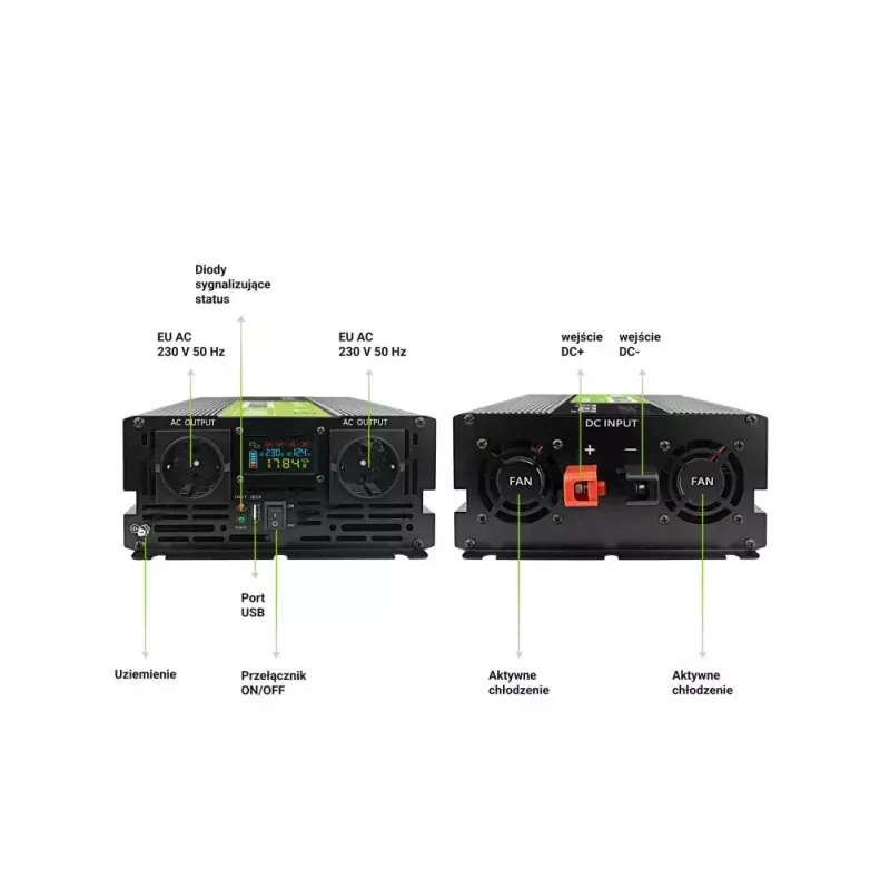 Car inverter Green Cell INVGC12P2000LCD 2000W 12V to 230V pure sine wave, LCD, 1×USB, 2×aux