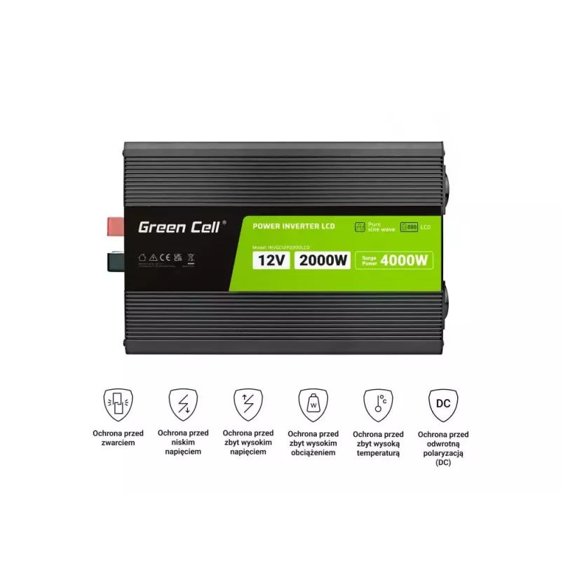 Car inverter Green Cell INVGC12P2000LCD 2000W 12V to 230V pure sine wave, LCD, 1×USB, 2×aux