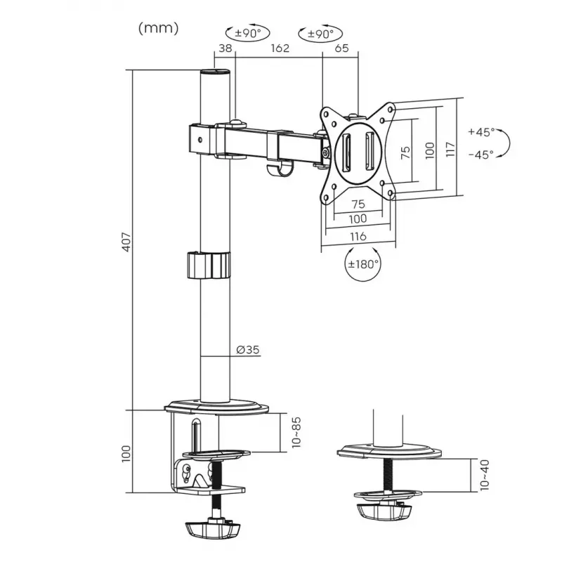 Desk LCD monitor mount MACLEAN MC-572N adjustable height, tilt, VESA 75x75–100x100, supports 17 inch–32 inch, max load 30 kg, black