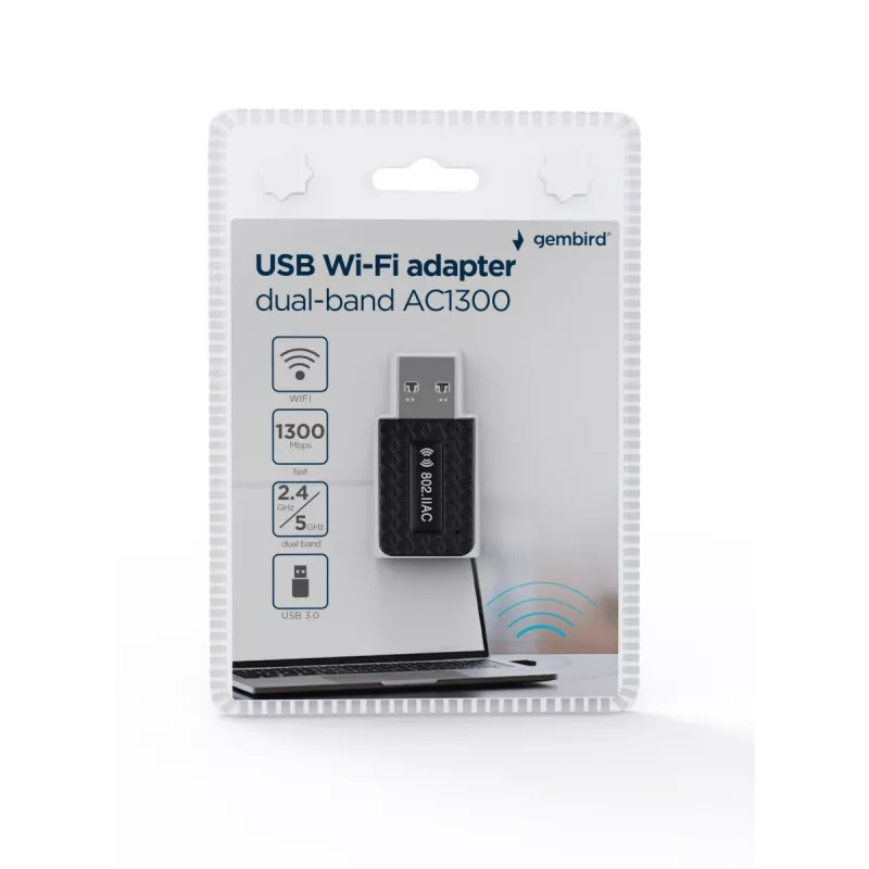 WLAN USB Adapter GEMBIRD AC1300 Dual-band Wi‑Fi 5 (RTL8812BU) 867 Mbit/s USB 3.0 Internal Antenna Black