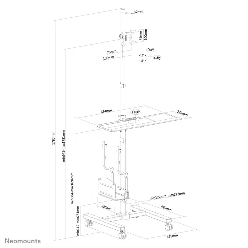 Neomounts FPMA-MOBILE1700 Mobile workstation 10-32 inch, Black, Steel, 8 kg, 25.4 cm (10 inch), 81.3 cm (32 inch), 100 x 100,75 x 75 mm