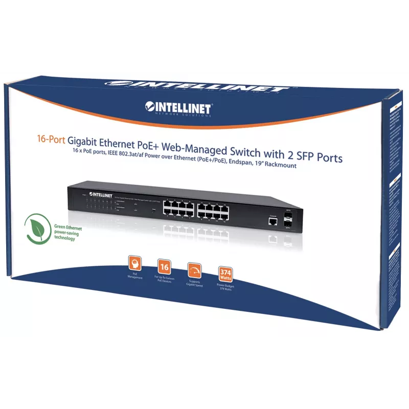 Intellinet 16-Port Gigabit Ethernet PoE+ Web-Managed Switch with 2 SFP Ports, IEEE 802.3at/af Power over Ethernet (PoE+/PoE) Compliant, 374 W, Endspan, 19 inch Rackmount