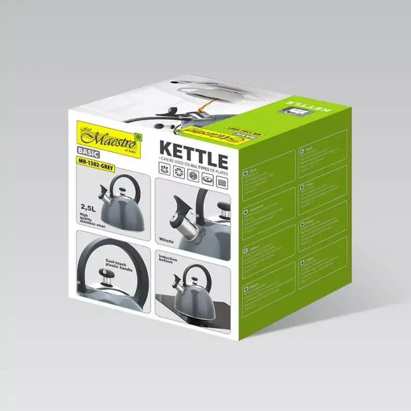 Electric Kettle Maestro MR-1302-GREY 2.5 L Stainless Steel, Grey Housing, Whistle, Cool-Touch Handle