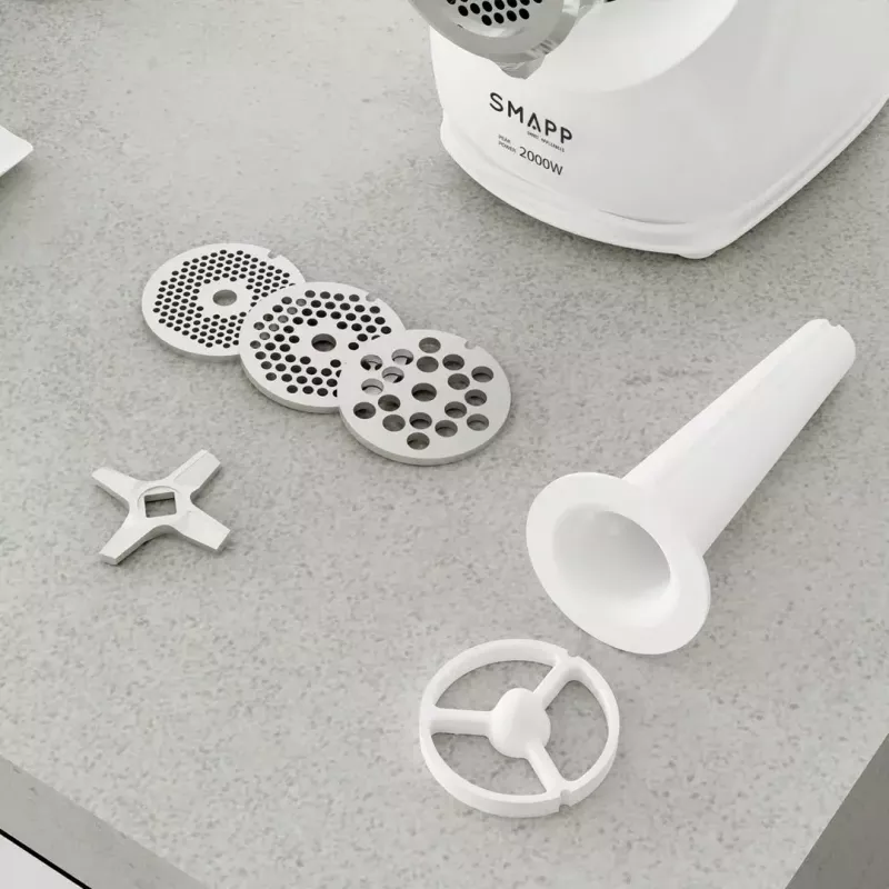 Electric meat grinder SMAPP 489.81, 2000 W, 3 strainers (2.7–8 mm), white