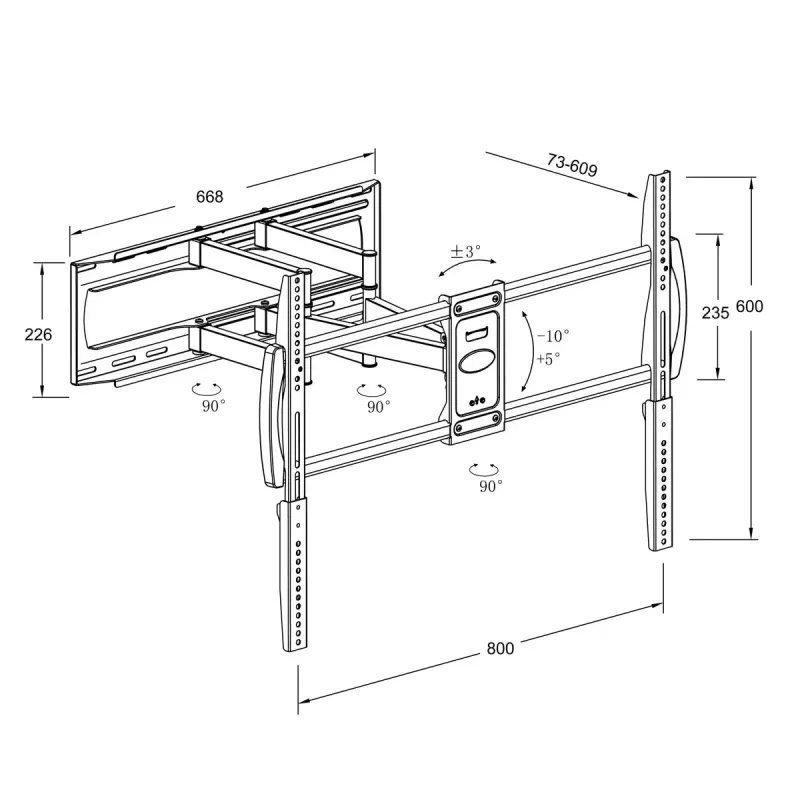 Wall TV mount MONTIS DENALI MT162 for 37 inch–105 inch screens, steel, 75 kg capacity, VESA 200x100–800x600, tilt/swivel/rotate, 7.3–60.9 cm