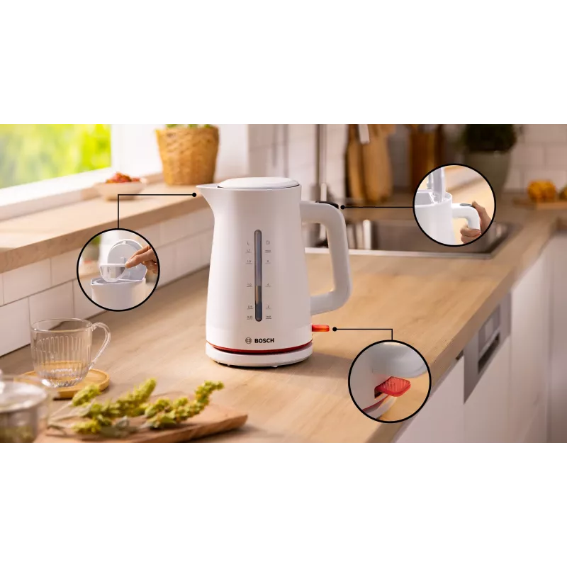 Electric kettle Bosch TWK3M121 — 1.7 L, 2400 W, white, plastic housing