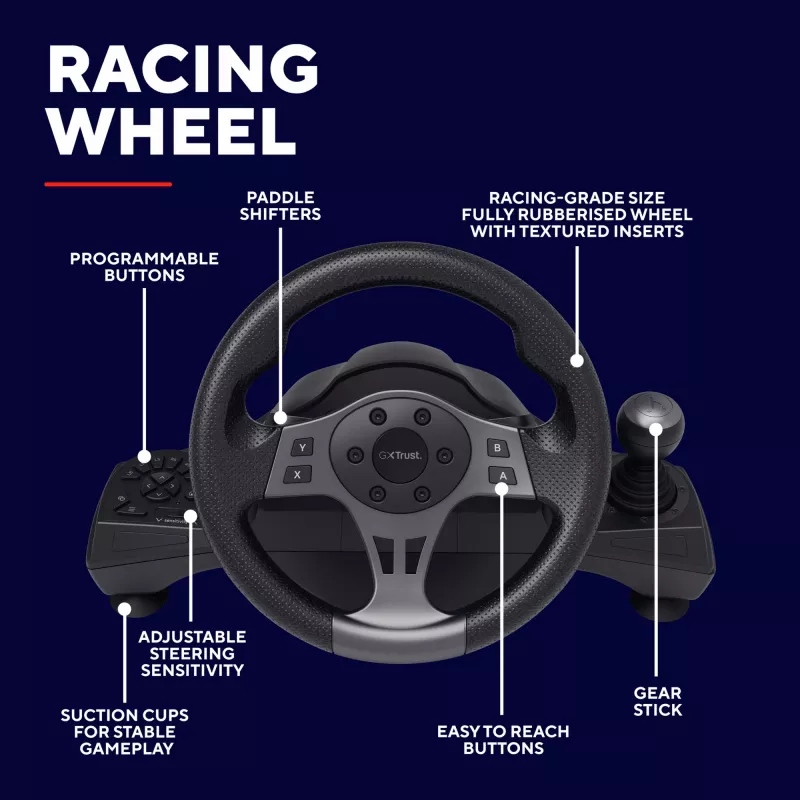 Trust GXT 289 Movi Black USB Steering wheel + Pedals Nintendo Switch, PlayStation 4, Xbox One S, Xbox One X, Xbox Series S, Xbox Series X