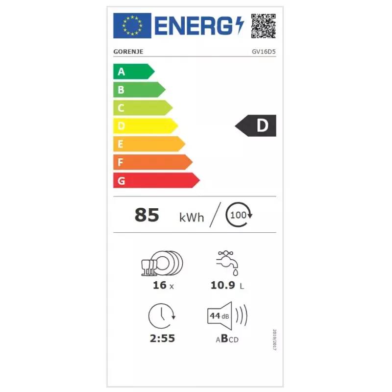 Built-in dishwasher Gorenje GV16D5 — 16 place settings, 44 dB, stainless steel, 7 temperature settings