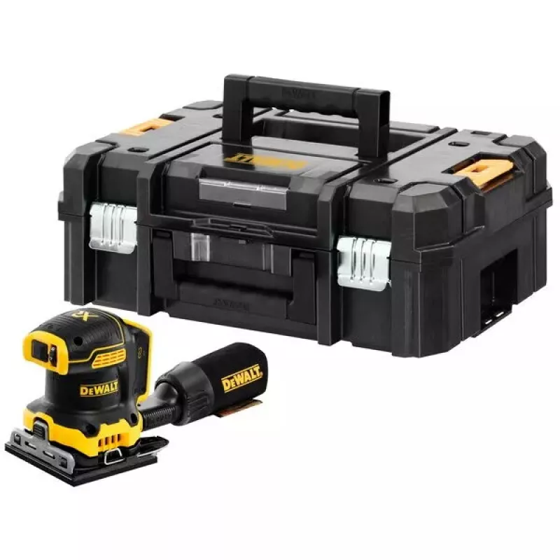 Sheet sander DeWalt DCW200NT-XJ, cordless 18 V, brushless, 1 kg, 8000–13500 OPM, 1.6 mm orbit, dust port, carry case