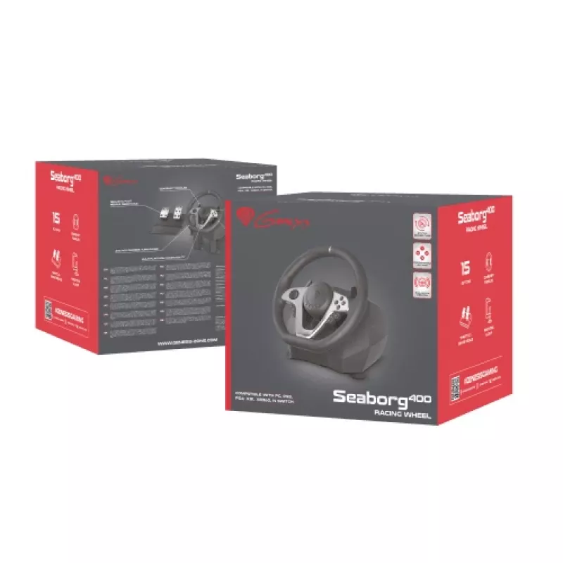 GENESIS Seaborg 400 Black, Silver USB Steering wheel + Pedals Nintendo Switch, PC, PlayStation 4, Playstation 3, Xbox 360, Xbox One, Xbox One S, Xbox One X