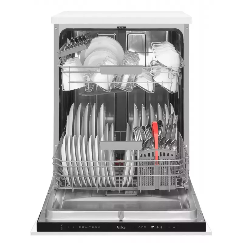 Semi built-in dishwasher AMICA DIM62E7qH — 14 place settings, 60 cm, LED touch display, 7 programs, White
