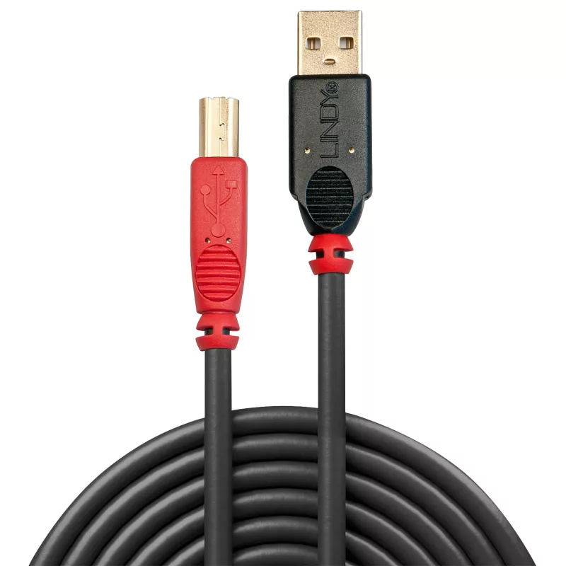 Lindy 15m USB 2.0 Type A to B Active Cable, 15 m, USB A, USB B, USB 2.0, Male/Male, Black, Red