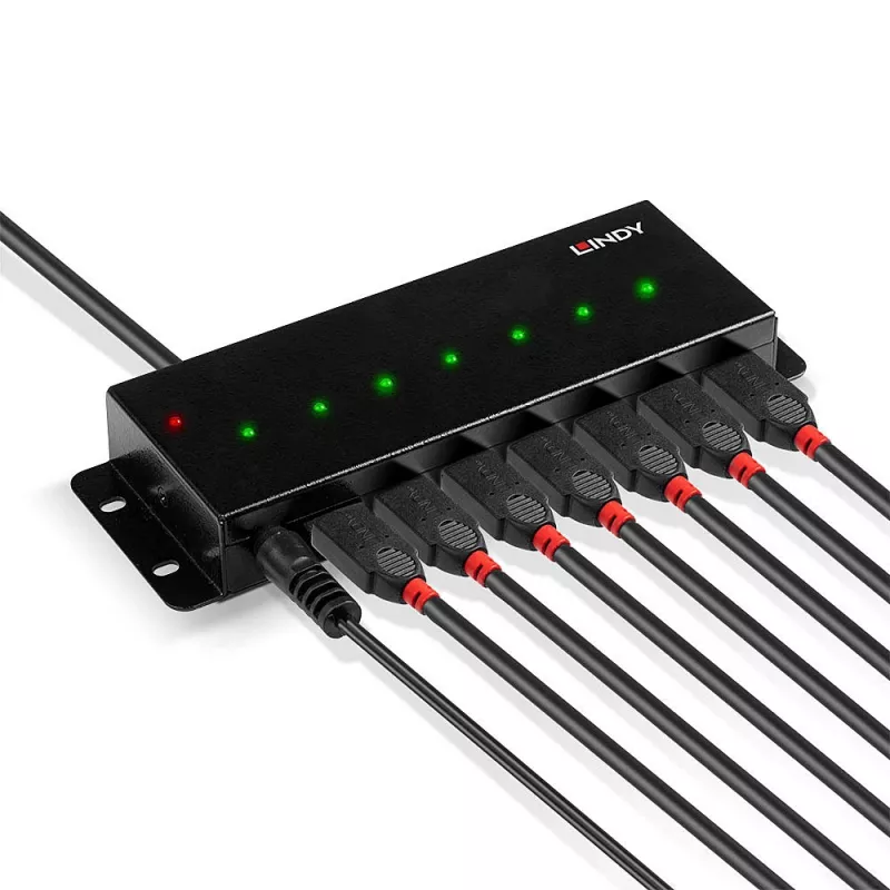 Lindy 7 Port USB 2.0 Metal Hub, USB 2.0 Type-B, USB 2.0, 480 Mbit/s, Black, Metal, 1.8 m