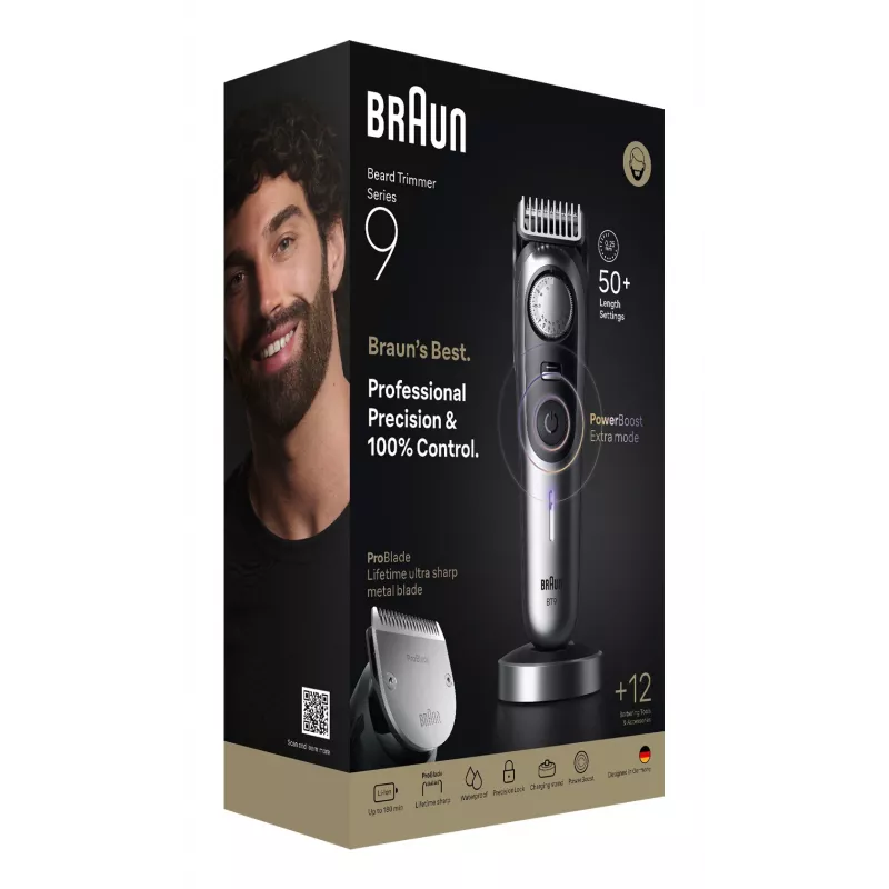 Braun BeardTrimmer 9 BT9560 beard trimmer Battery 52 2 cm Wet & Dry Black, Silver