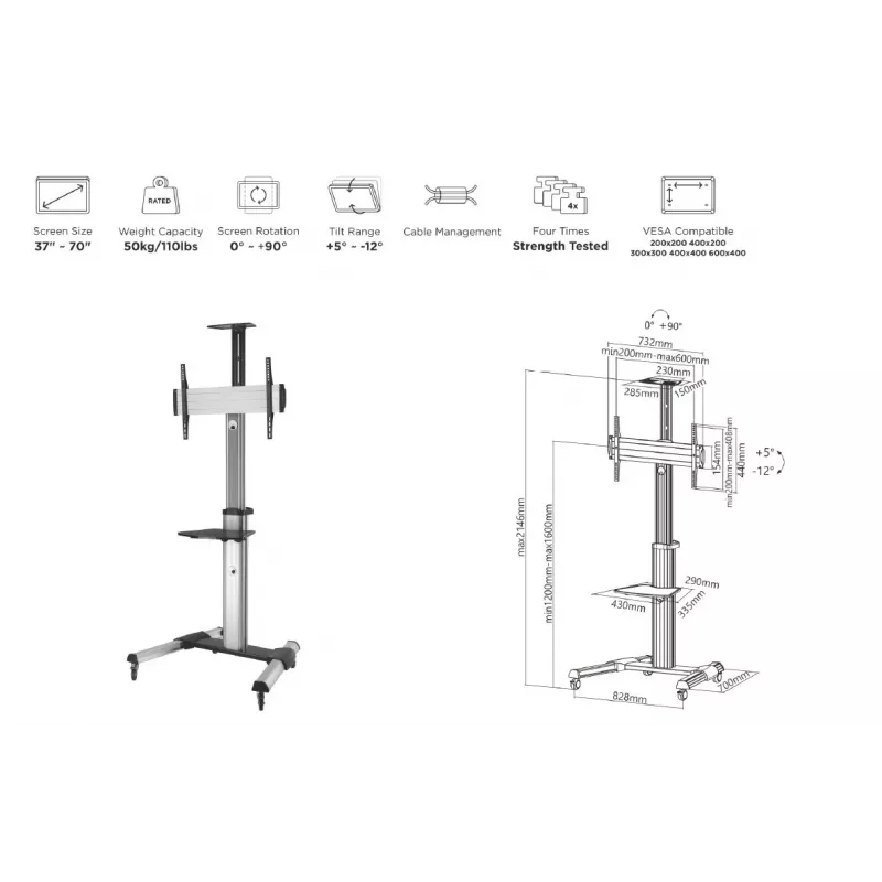 Equip 650602 LFD display trolley 37-70 inch (94-177.8 cm), 90° rotate, max VESA 600 x 400 mm, 50 kg, Aluminium, Black, White