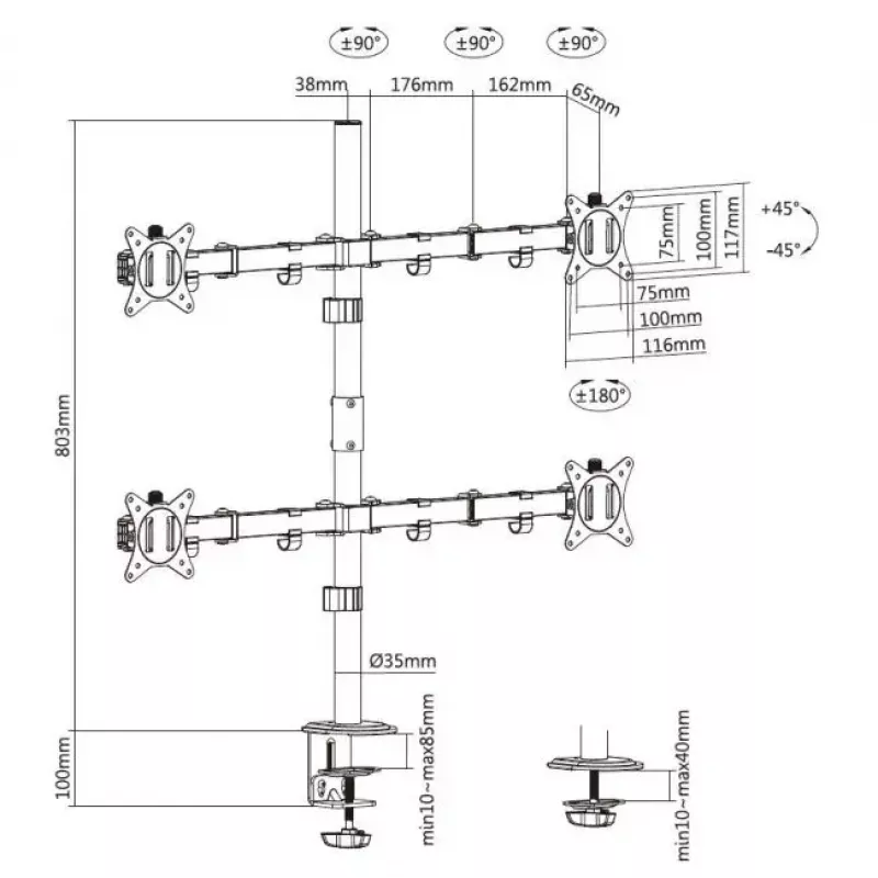 Equip 17 inch-32 inch Articulating Quad Monitor Desk Mount Bracket