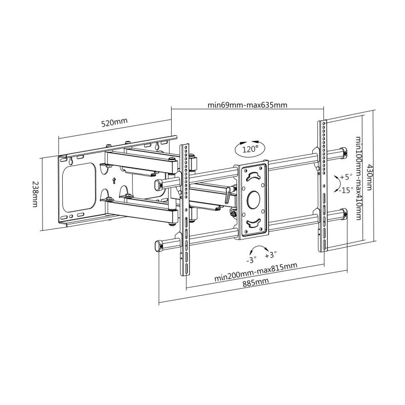 Equip 37 inch-90 inch Tilt/Swivel TV Wall Mount Bracket, 200 x 200 mm, 816 x 410 mm, -15 - 5°, -60 - 60°, Steel, Black