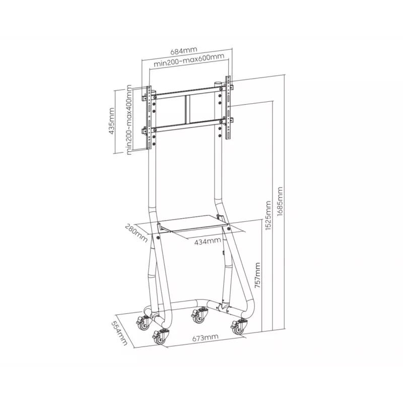 Equip 37 inch-80 inch Heavy-Duty TV Cart, 94 cm (37 inch), 2.03 m (80 inch), 200 x 200 mm, 600 x 400 mm, Aluminium, Plastic, Stainless steel, Black