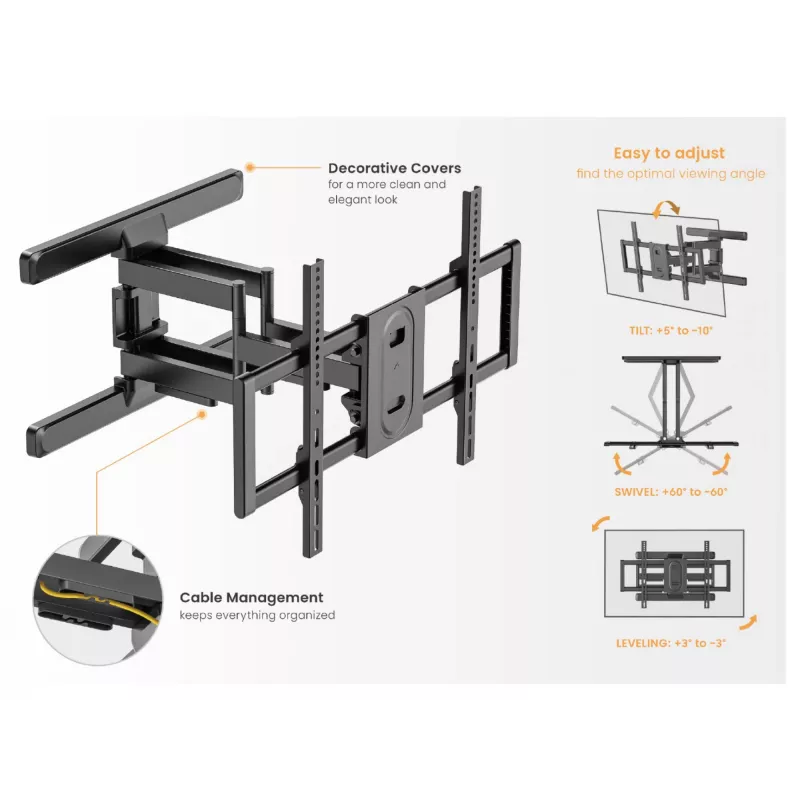 Equip 43 inch-100 inch Full Motion TV Mount Bracket, 200 x 200 mm, 800 x 400 mm, -10 - 5°, -60 - 60°, Plastic, Stainless steel, Black