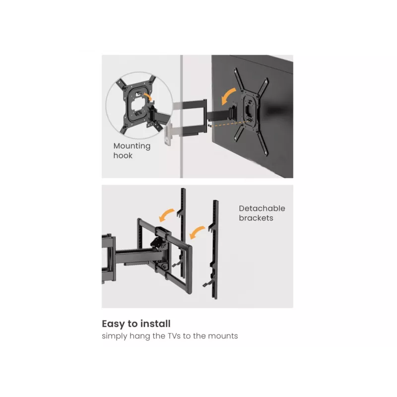 Equip 43 inch-100 inch Full Motion TV Mount Bracket, 200 x 200 mm, 800 x 400 mm, -10 - 5°, -60 - 60°, Plastic, Stainless steel, Black