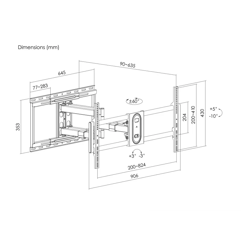 Equip 43 inch-100 inch Full Motion TV Mount Bracket, 200 x 200 mm, 800 x 400 mm, -10 - 5°, -60 - 60°, Plastic, Stainless steel, Black