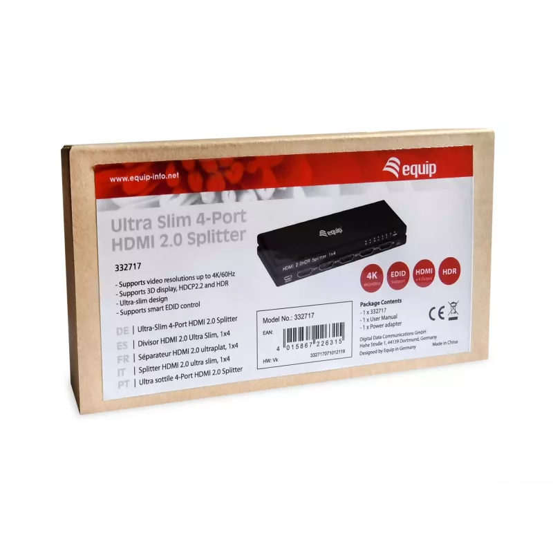 Equip Ultra Slim 4-Port HDMI 2.0 Splitter, HDMI, 4x HDMI, 3840 x 2160 pixels, Black, Aluminium, 4K Ultra HD
