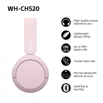 Sony WHCH520P.CE7, Wireless, 20 - 20000 Hz, Calls/Music, 147 g, Headset, Pink
