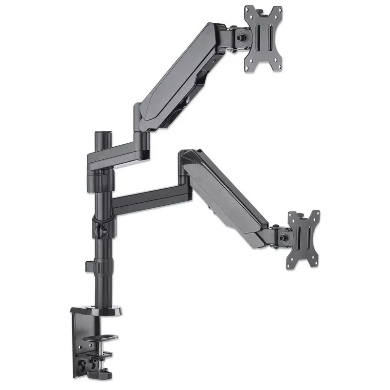 Manhattan Dual Desk Mount for TV & Monitors (Full Motion Gas Spring), For screens 10 inch to 27 inch, Clamp or Grommet Assembly, VESA compatibility: 75x75 and 100x100mm - check the dimensions of the four mounting holes on back of screen to ensure it fits, Max 8kg (each)