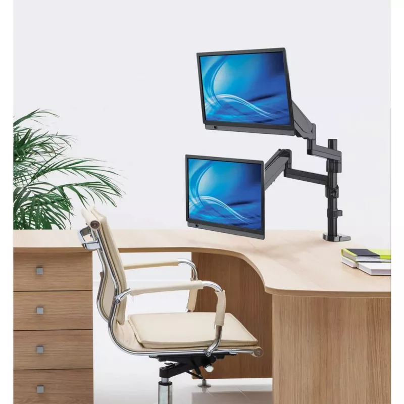 Manhattan Dual Desk Mount for TV & Monitors (Full Motion Gas Spring), For screens 10 inch to 27 inch, Clamp or Grommet Assembly, VESA compatibility: 75x75 and 100x100mm - check the dimensions of the four mounting holes on back of screen to ensure it fits, Max 8kg (each)