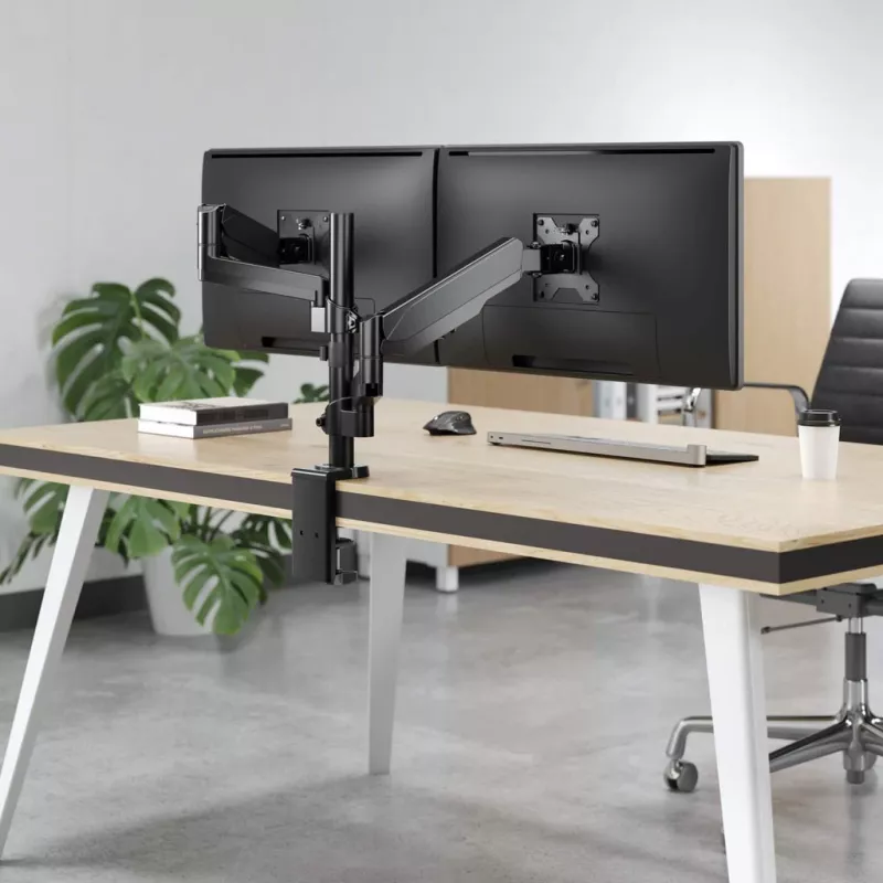 Manhattan Dual Desk Mount for TV & Monitors (Full Motion Gas Spring), For screens 10 inch to 27 inch, Clamp or Grommet Assembly, VESA compatibility: 75x75 and 100x100mm - check the dimensions of the four mounting holes on back of screen to ensure it fits, Max 8kg (each)