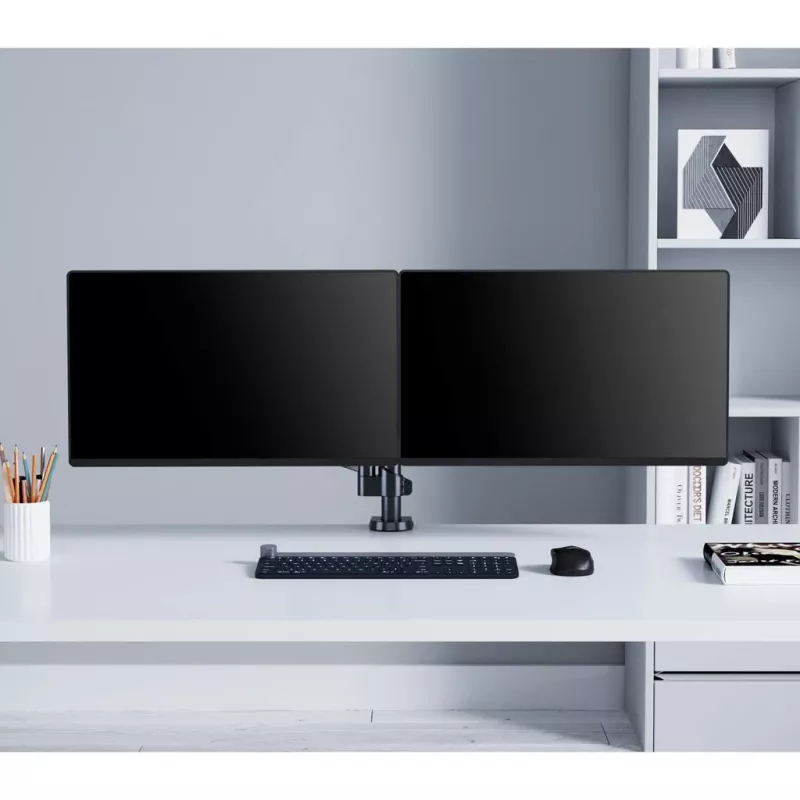 Manhattan Dual Desk Mount for TV & Monitors (Full Motion Gas Spring), For screens 10 inch to 27 inch, Clamp or Grommet Assembly, VESA compatibility: 75x75 and 100x100mm - check the dimensions of the four mounting holes on back of screen to ensure it fits, Max 8kg (each)
