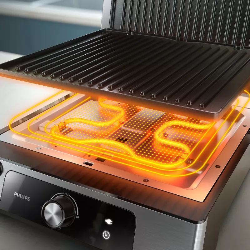Philips 5000 series Contact Grill, Aluminium, Rectangular, Rotary, 200 °C, Hinged lid, Locking lid, 180°