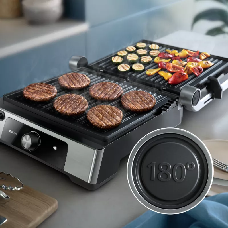 Philips 5000 series Contact Grill, Aluminium, Rectangular, Rotary, 200 °C, Hinged lid, Locking lid, 180°