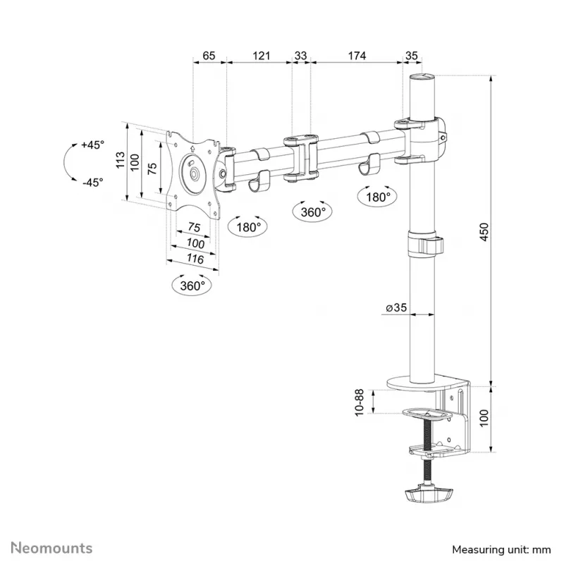 Neomounts NM-D135WHITE Monitor arm 10-30 inch, Clamp/Grommet, 8 kg, 25.4 cm (10 inch), 76.2 cm (30 inch), 100 x 100 mm, White