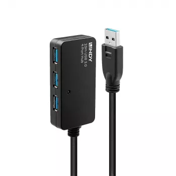 Lindy 10m USB 3.0 Active Extension Pro Hub, USB 3.2 Gen 1 (3.1 Gen 1) Type-A, USB 3.2 Gen 1 (3.1 Gen 1) Type-A, 5000 Mbit/s, Black, Plastic, Round cable