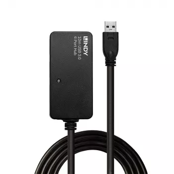 Lindy 10m USB 3.0 Active Extension Pro Hub, USB 3.2 Gen 1 (3.1 Gen 1) Type-A, USB 3.2 Gen 1 (3.1 Gen 1) Type-A, 5000 Mbit/s, Black, Plastic, Round cable