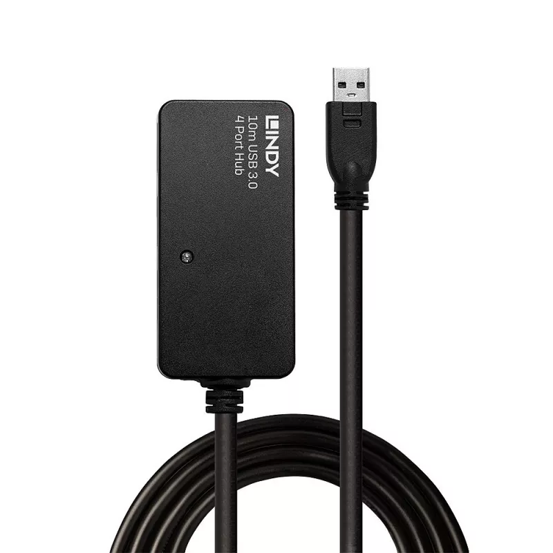 Lindy 10m USB 3.0 Active Extension Pro Hub, USB 3.2 Gen 1 (3.1 Gen 1) Type-A, USB 3.2 Gen 1 (3.1 Gen 1) Type-A, 5000 Mbit/s, Black, Plastic, Round cable