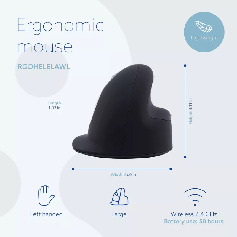 R-Go Tools Ergonomic mouse R-Go HE Break with break software, large (hand size ≥ 185 mm), left-handed, Bluetooth, black